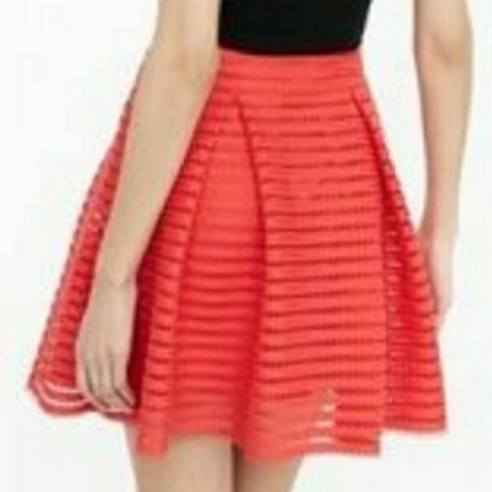 EXPRESS Mesh High Waisted Full Pleated Skirt Red Striped 2010s Mini A-Line Skirt - Picture 4 of 16